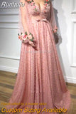 Runhufu Full Beads Long Evening Dresses Lace Appliques 3D Flowers V-Neckline Full Sleeves Floor Length Evening Formal Party Gowns