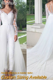 Runhufu Sleeve Jumpsuit Wedding Dresses With Detachable Train 2023 Lace Appliques Tulle Pants Suit Bridal Gown Button Back Elegant
