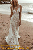 Runhufu Bohemian Spaghetti Straps Sleeveless Beach Wedding Dress For Women 2023 V-Neck Pattern Sexy Beach Illusion Bridal Gown