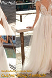 Runhufu Tulle Wedding Dresses Boho 2023 Side Split Spaghetti Sexy Illusion Boho A-Line Pearls Backless Bohemian Vestido De Noiva