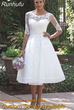 Runhufu Tea-Length Short Wedding Dress Half Sleeve O-Neck Lace Appliques Elegant A-Line Tulle Bridal Gown With Button Back