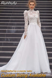 Runhufu O-Neck Tulle A-Line Wedding Dresses Long Puff Sleeves Princess Bridal Gowns Vestido De Noiva Plus Size