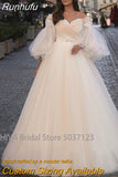 Runhufu Wedding Dresses with Detachable Puffy Sleeves Lace Appliques Pleated Long Boho Wedding Gown Champagne Bride Dress