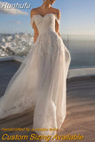 Runhufu Lace Appliques A-Line Sweetheart Wedding Dresses 2023 Off The Shoulder Backless Tulle Beach Bridal Gown Sweep Train