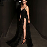 runhufu Women's New Women's Dress V-Neck Sexy Bare Back Drag Dress Long Skirt Sling Open Skirt Dress