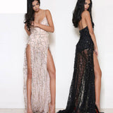runhufu Women's New Women's Dress V-Neck Sexy Bare Back Drag Dress Long Skirt Sling Open Skirt Dress