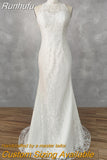 Runhufu Real Picture High-Neck Sleeveless Lace Mermaid Wedding Dress Cut Out Back Sweep Train Bridal Gown Custom Made