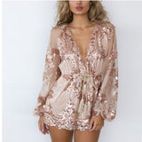 runhufu New Deep V-Neck Sexy Lierie Squin Champagne Gold Rope Lian Pants Shorts Women