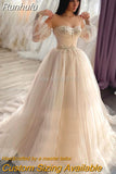 Runhufu Champagne Tulle Wedding Dresses Beaded Appliques Sweetheart Neckline Corset Back Chic Bridal Wedding Party Gowns