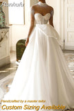 Runhufu Luxurious 2023 A-Line Wedding Dresses White Long Sleeve Pearls Tulle Bridal Gowns Boho Beach Evening Wedding Gowns Plus Size