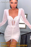 runhufu Modern Mini Mermaid Chiffon Wedding Dresses Sweetheart Long Sleeves Pleat Ruched Short Wedding Gown Bridal Gowns