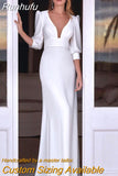 Runhufu Deep V-Neck White Wedding Dress Sheath Half Lantern Sleeve Pleats Spandex Modern Backless Bride Gown Button Sweep Train