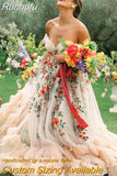 Runhufu Colorful Embrioiderey Puffy Mesh Wedding Dress Off Shoulders Sweetheart Overlay Tulle Champagne Bloom Flower Bridal Gowns