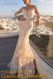 Runhufu Detachable 2 In 1 Wedding Dress Embroidered Lace On Net With Train O-neck Fullsleeve Vintage Bride Gowns Vestido De Novia