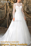 Runhufu Long Sleeves Vestido De Noiva Wedding Dresses Lace Appliques A Line Buttons Bridal Gowns for Brides Vestido de Noiva