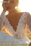 Runhufu Line Chiffon Wedding Dress Long Sleeves Sexy V Neck lace Bride Dress Boho Wedding Gown PluS Size Simple Wedding Dress