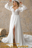 Runhufu Sweetheart Beach A-Line Wedding Dresses Long Puff Sleeves Side Slit Sweep Train Bridal Gowns Custom Size Robe de