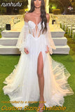 runhufu Sparkly Dotted Tulle Wedding Dresses Sweetheart Puff Sleeves High Side Split A-Line Wedding Gown Princess Bridal Gowns