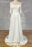 Runhufu Real Picture Elegant Off-Shoulder Lace A-Line Satin Wedding Dress Lace Up Back High Slit Court Train Bridal Gown