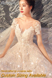 Runhufu New O Neck Wedding Dress With Sweep Train Shining Sequins Lave Bridal Ball Gown Plus Size Custom Made Vestido De Noiva