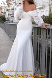 Runhufu Satin Mermaid Wedding Dresses Long Fuff Sleeve Women's Sexy Lace Beach Boho Bride Gowns Off The Shoulder Vestidos De Novia