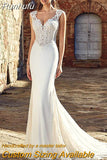 Runhufu Boho V-Neck Wedding Dress Mermaid For Women 2023 Sleeveless Bride Gown Lace Appliques Illusion Button Vestidos De Noiva