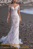 Runhufu Long Sleeves Mermaid Tulle Wedding Dress Elegant V-Neck Lace Appliques Illusion Back With Button Bridal Gown Custom Made