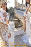 Runhufu Arabia Mermaid Wedding Dresses High Collar Side Split Illusion Lace Appliques Long Sleeve Boho Bridal GownsSweep Train