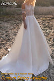 Runhufu Boho Satin Off The Shoulder Wedding Dresses Princess O-Neck A-Line Lace Appliques Illusion Back With Button Bridal Gowns