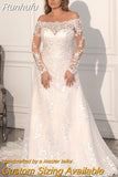 Runhufu A-line Lace Long Sleeve Wedding Dress 2023 Sexy Boat Neck Corset Appliques Court Train Plus Size Bridal Gowns