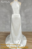 Runhufu Real Picture Simple Halter Sleeveless Satin Mermaid Wedding Dress Open Back Sweep Train Bridal Gown Custom Made