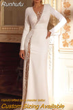 Runhufu Lace Beading Satin Full Sleeve Wedding Long Dresses For Woman Shiny Tassel Side Splt Button Open Back Vestidos De Novia