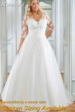 Runhufu Wedding Dress Plus Size 3/4 Sleeves V Neck Tulle Lace Applique Vestido De Noiva Bride Dresses Big Size Women Modest 2023