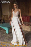 Runhufu Wedding Dress Sexy Slit Beach Wedding Dress V Neck Bridal Gown Spaghetti Strap Chiffon Backless Vestido De Noiva Brautkleid