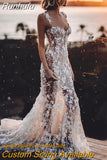 Runhufu Sexy Mermaid Wedding Dresses With 3D Lace Appliques Backless Beach Sleeveless Bride Gown Zipper Train Robe De mariée
