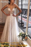 Runhufu Glitter Sleeveless Wedding Dress 2023 V Neck Illusion A Line Bridal Gown Court Train Robe De Mariée Ribbons With Soft Tulle