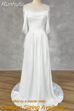 Runhufu Real Picture Elegant Off-Shoulder Lace A-Line Satin Wedding Dress Lace Up Back High Slit Court Train Bridal Gown