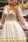 Runhufu A-line Plus Size Wedding Dresses 2023 for Women Tulle Long Sleeve V-neck Appliques Bridal Gown Elegant Robe de Mariee