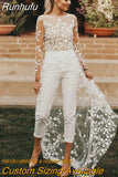 Runhufu Sexy Tulle Wedding Jumpsuit With Sweep Train Elegant Long Sleeves Scoop Neck Lace Appliques Open Back Pants Suits For Bride