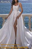 Runhufu Wedding Dress 3D Flower Square Neck Double Strap Satin Pleated Bridal Dress Side High Slit Saudi Arabian Wedding Party