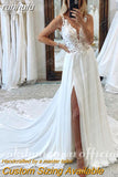 runhufu A-Line Split Chiffon Illusion Bodice Backless Beach Wedding Dresses for Women Appliques Summer Boho Bride Dress