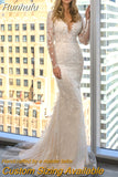 Runhufu Detachable 2 In 1 Wedding Dress Pearls Mermaid Embroidered Lace On Net With V-neck Full Sleeve Button Gowns Robe De Marie