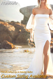 Runhufu Elegant Strapless Dstachable Puff Sleeves Wedding Dress For Women 2023 Backless Slit A-Line Simple Spandex Bridal Gown