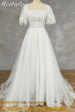 Runhufu Real Picture Princess Square-Neck Puff Sleeves Appliques Tulle A-Line Wedding Dress Backless Sweep Train Bridal Gown