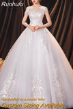 Runhufu O Neck Short Sleeve Wedding Dress Shining Sequins Wedding Gown Plus Size Lace Bridal Dress Vestido De Noiva Robe Mariage