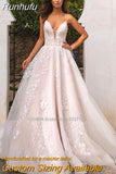Runhufu V-Neck A-Line Wedding Dresses Spaghetti Straps Lace Appliques Princess Floor Length Bridal Gowns