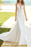 Runhufu Mermaid V-Neck Wedding Dress Lace 2023 Simple Sleeveless Bride Gown Backless For Bride With Train Pleats Vestido De Novia