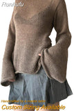 Runhufu Tie Back Sweaters Women Long Sleeve Boat Neck Solid Color Knitted Pullover Casual Crochet Tops 2023 Fall New