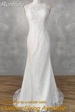 Runhufu Real Picture High-Neck Sleeveless Lace Mermaid Wedding Dress Cut Out Back Sweep Train Bridal Gown Custom Made