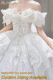 Runhufu New Luxury Off The Shoulder Wedding Dress Lace Applique Boat Neck Bridal Dress Ball Gown Vestido De Noiva With A Big Tail